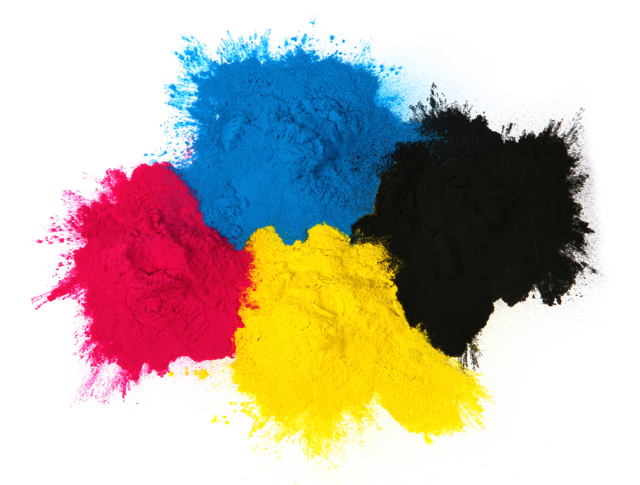 Toner Pulver in Magenta, Cyan, Schwarz und GElb